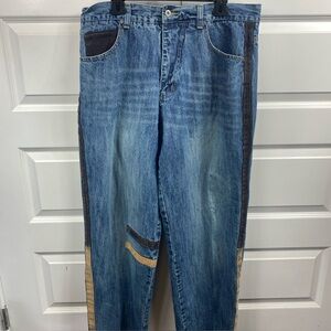 Clench Jeans Mens Y2K Jeans 36x32 Denim Grunge  Hip Hop Suede Stipe 2 Tone Patch